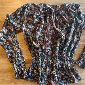 Free People Brown Floral V-Neck Sweater